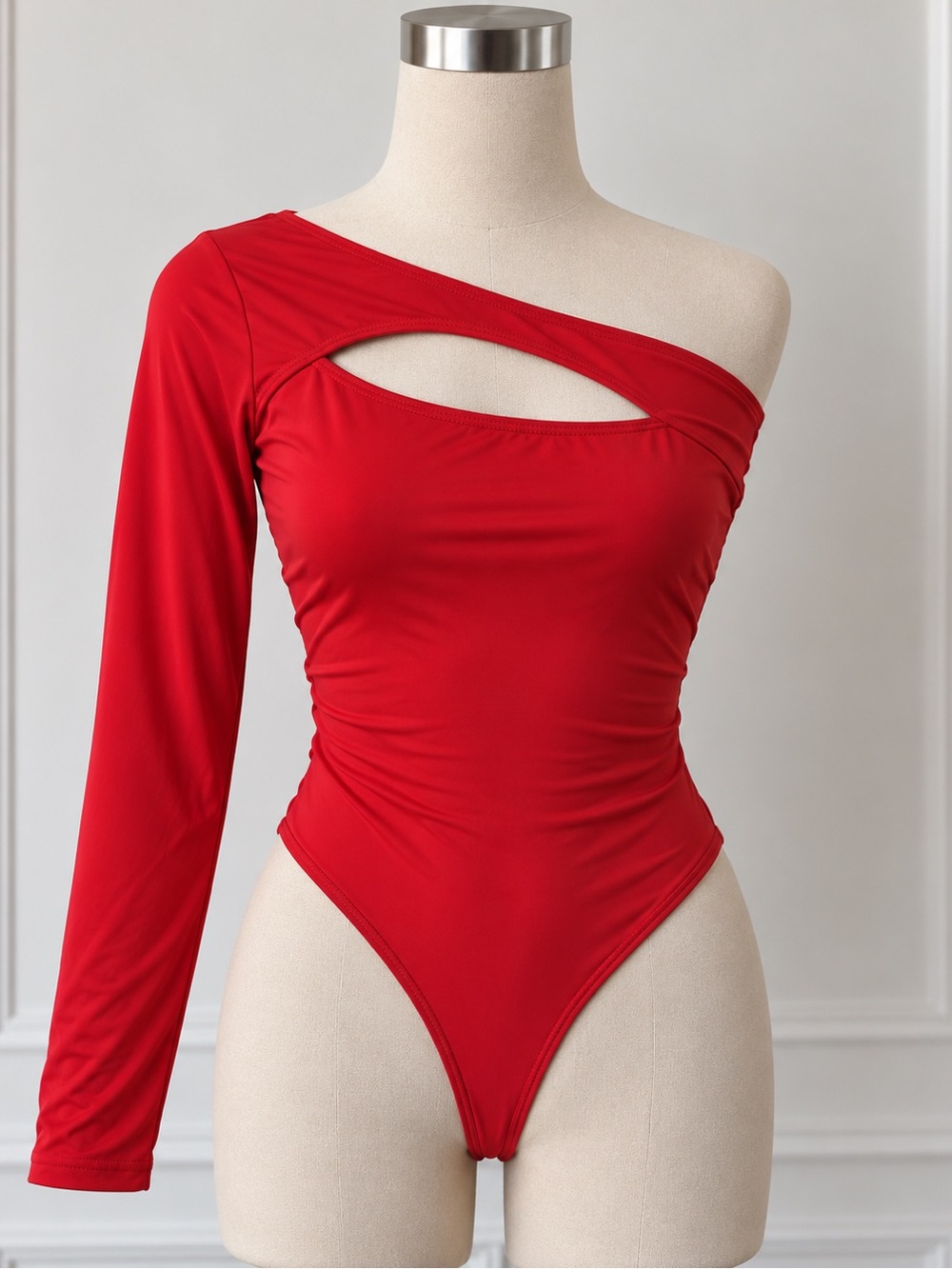 SHEIN Red Asymmetric One-Sleeve Cutout Bodysuit